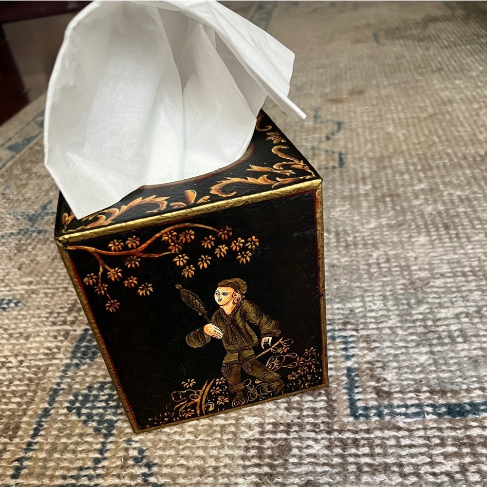Vintage Chinoiserie Hand Painted Tissue Box Cover Black Gold Floral
